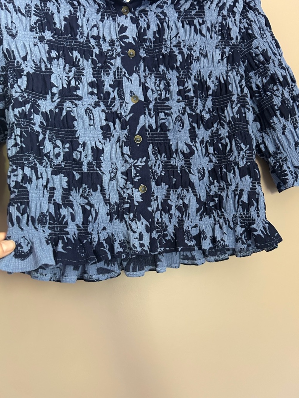 Anthropologie Maeve Smocked Ruffle Button-Front Top Blue Abstract Print  Size M - Picture 8 of 14